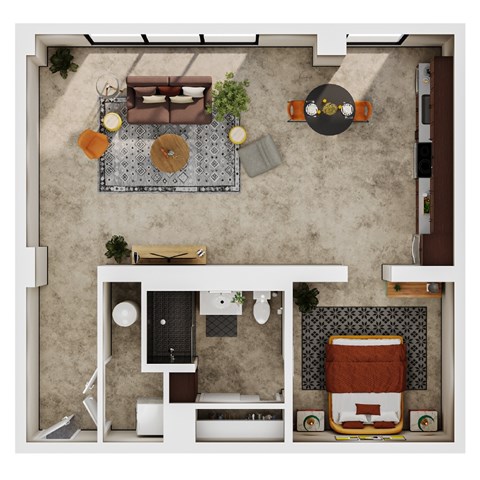Floor plan for 1 bed, 1 bath, 1235 sqft